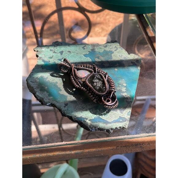 Intricate Moldavite With Opal Wire Wrap Pendant - Picture 3 of 11